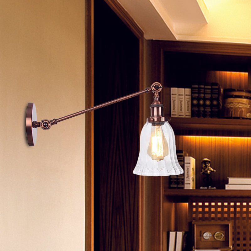 Vintage Clear Glass Bell Sconce With Arm - Black/Bronze/Brass 1-Light Wall Lighting Fixture 8/12