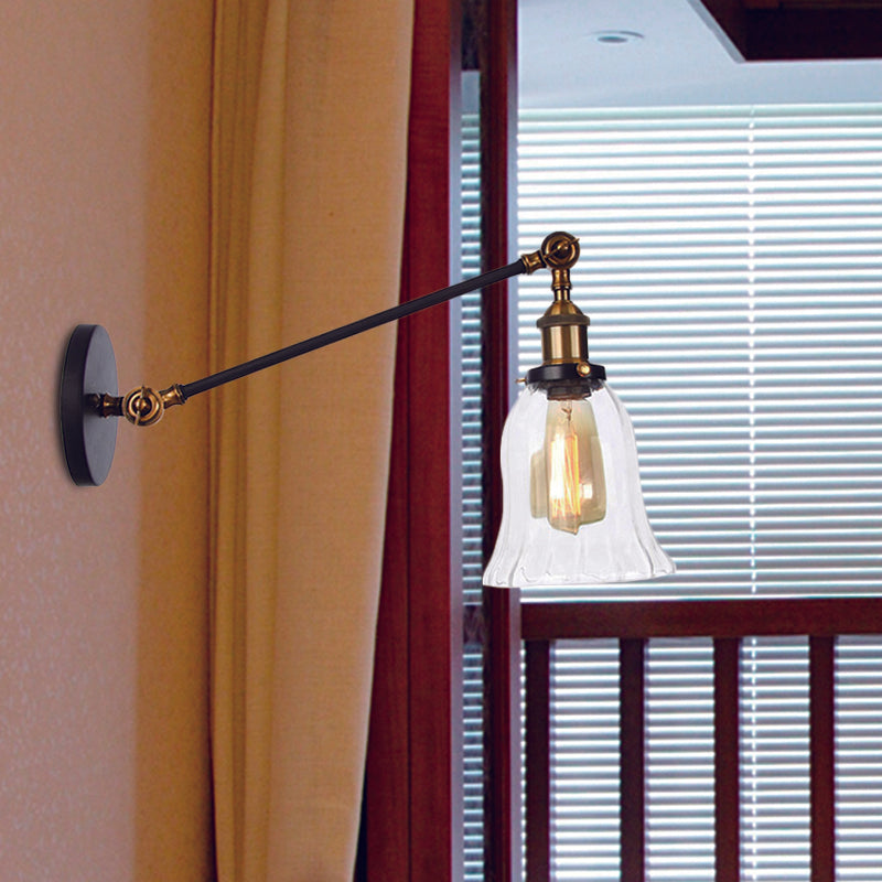 Vintage Clear Glass Bell Sconce With Arm - Black/Bronze/Brass 1-Light Wall Lighting Fixture 8/12