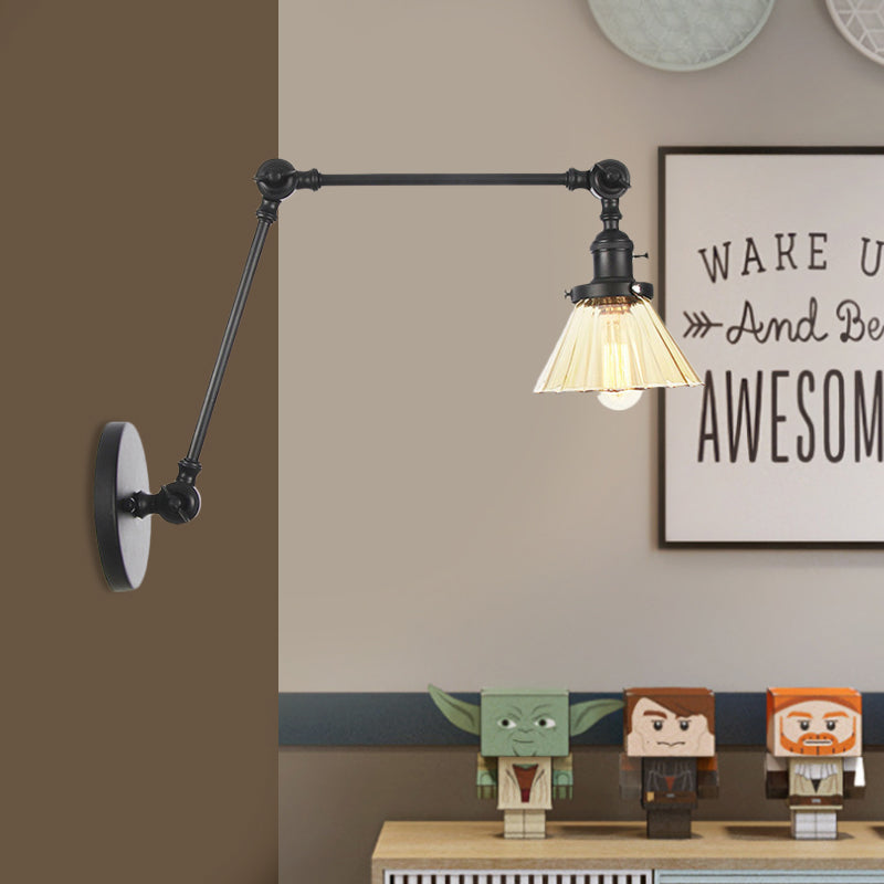 Industrial Cone Wall Light With Clear/Amber Glass And Arm - Black/Bronze/Brass (8+8/8+8+8)