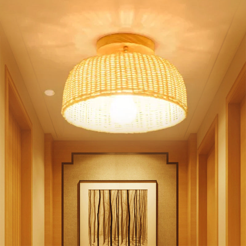 Contemporary Beige Bowl/Cylindrical Bamboo Ceiling Mount Light Fixture - 1 Head Semi-Mount Lighting