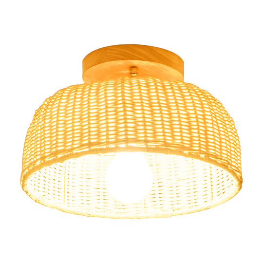 Contemporary Beige Bowl/Cylindrical Bamboo Ceiling Mount Light Fixture - 1 Head Semi-Mount Lighting