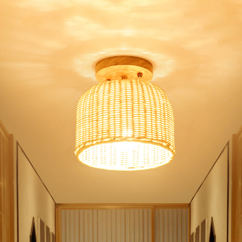 Contemporary Beige Bowl/Cylindrical Bamboo Ceiling Mount Light Fixture - 1 Head Semi-Mount Lighting