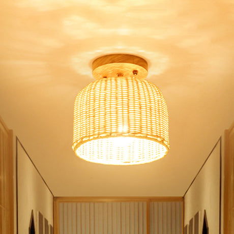 Contemporary Beige Bowl/Cylindrical Bamboo Ceiling Mount Light Fixture - 1 Head Semi-Mount Lighting