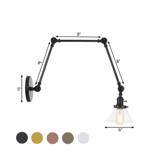 Industrial Conical Clear/Amber Glass Wall Lamp Sconce - Adjustable Arm Black/Bronze/Brass 1 Light 8