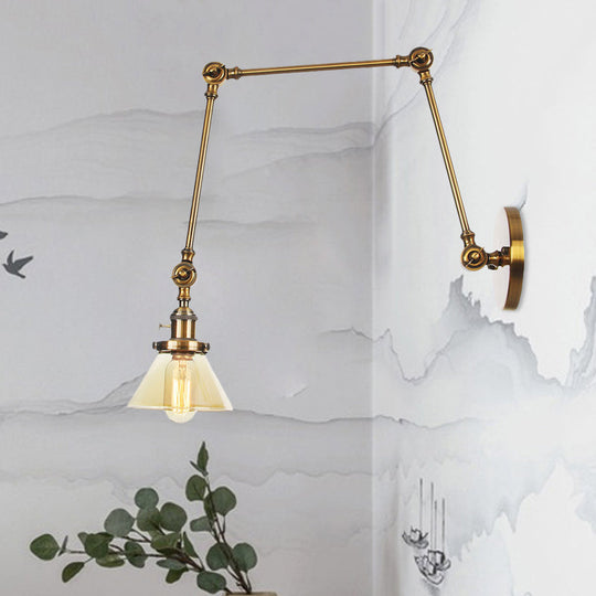 Industrial Conical Clear/Amber Glass Wall Lamp Sconce - Adjustable Arm Black/Bronze/Brass 1 Light 8