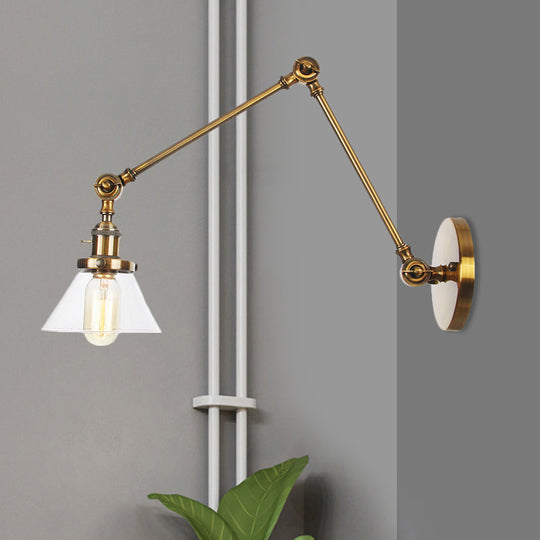 Industrial Conical Clear/Amber Glass Wall Lamp Sconce - Adjustable Arm Black/Bronze/Brass 1 Light 8