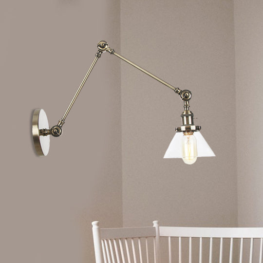 Industrial Conical Clear/Amber Glass Wall Lamp Sconce - Adjustable Arm Black/Bronze/Brass 1 Light 8