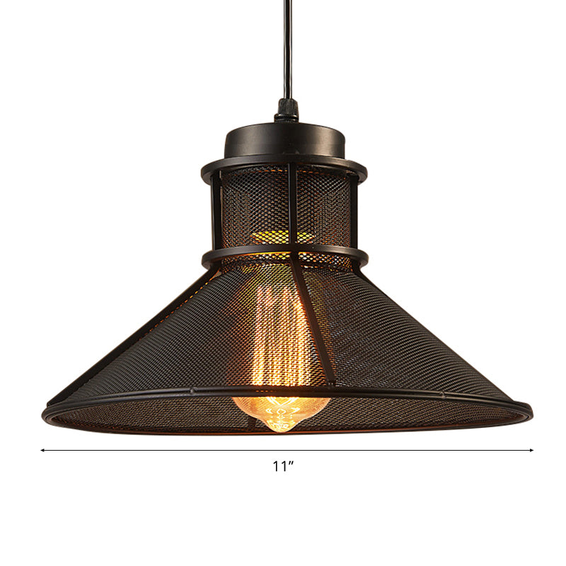 Industrial Mesh Cage Pendant Light With Cone Shade - Rust/Black Finish Ideal For Restaurants Single