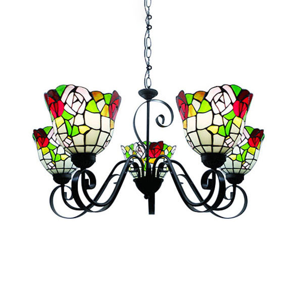Tiffany Style Stained Glass Chandelier With Flower Design - 3/5 Lights Ideal For Hotels 5 / Black