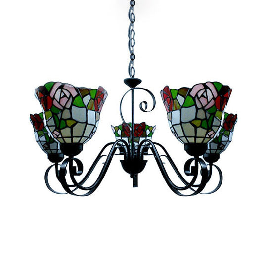 Tiffany Style Stained Glass Chandelier With Flower Design - 3/5 Lights Ideal For Hotels