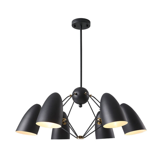 Contemporary 6-Light Downward Metal Shade Chandelier In White/Black Finish - Bullet Ceiling Fixture