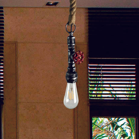 Vintage 1-Bulb Pipe & Valve Pendant Light Bar Lamp - Black/Silver/Copper With Rope Cord