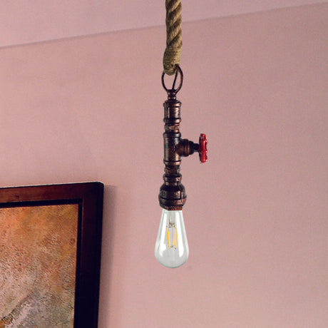 Vintage 1-Bulb Pipe & Valve Pendant Light Bar Lamp - Black/Silver/Copper With Rope Cord