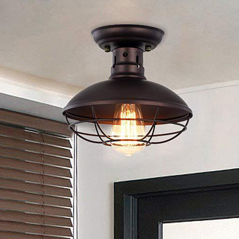 Iron Barn Flush Mount Ceiling Lamp In Antiqued Bronze/Coffee With Cage - Perfect For Living Room