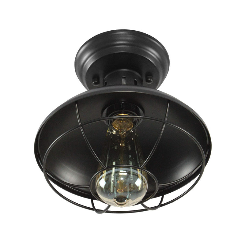 Iron Barn Flush Mount Ceiling Lamp In Antiqued Bronze/Coffee With Cage - Perfect For Living Room
