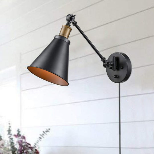 Vintage Black Iron Wall Mount Swing Arm Sconce With Cone Shade For Living Room