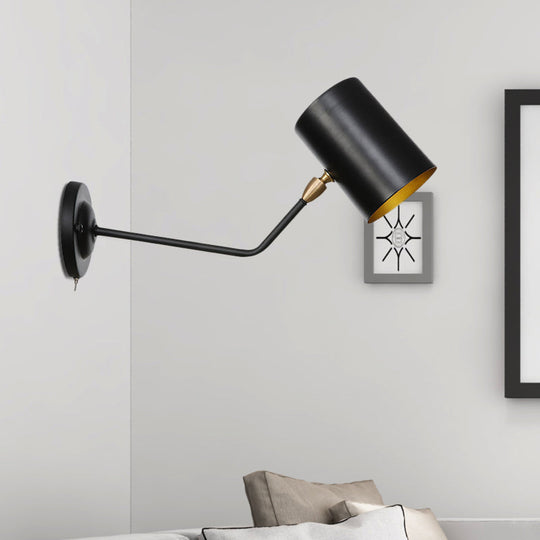 Vintage 1-Light Wall Mount Iron Sconce Lamp In Black With Cylinder Shade - Ideal For Study Room