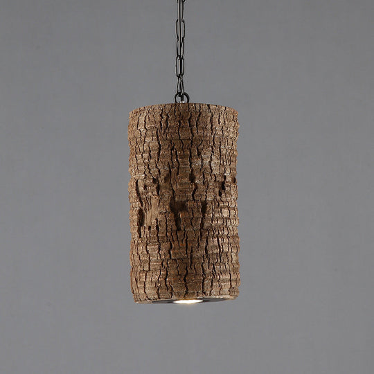 Industrial Brown Resin Pendant Ceiling Lamp - Timber Pile Design 1 Light Cylinder Hanging Kit