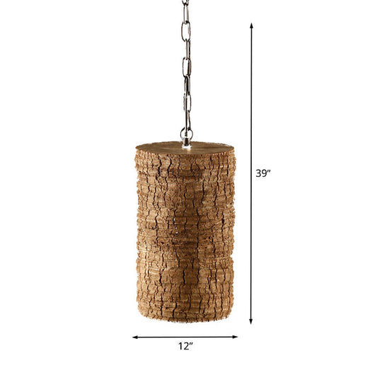 Industrial Brown Resin Pendant Ceiling Lamp - Timber Pile Design 1 Light Cylinder Hanging Kit