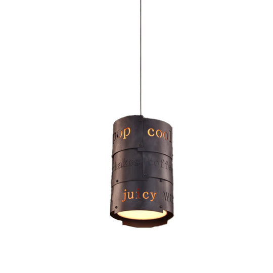 Industrial Black Metal Hanging Lettered Pendant Lamp Kit - 1-Light Cylinder Ideal For Restaurants