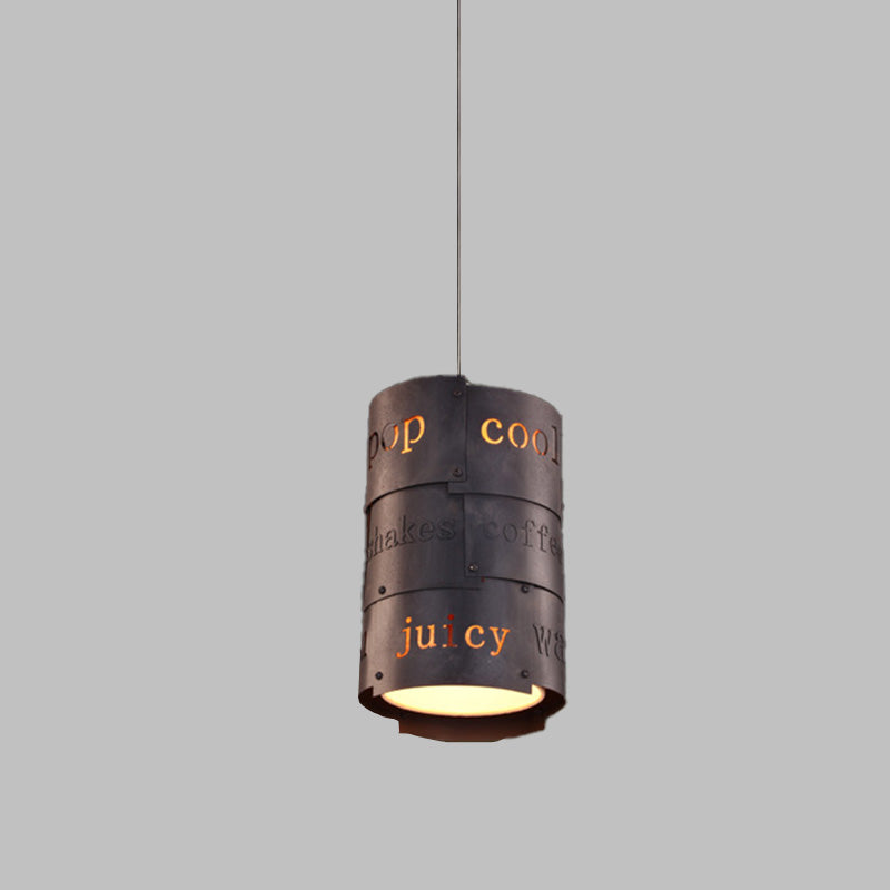 Industrial Black Metal Hanging Lettered Pendant Lamp Kit - 1-Light Cylinder Ideal For Restaurants