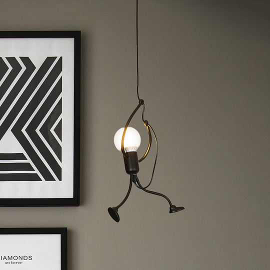 Human Shape Pendant Light: Black Finish Industrial Iron 1-Bulb For Restaurants