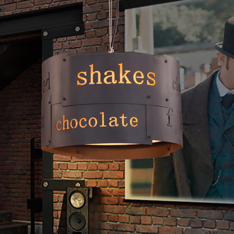 Antiqued Black Iron Drum Chandelier With 3 Heads - Ceiling Hang Fixture Lettering Design