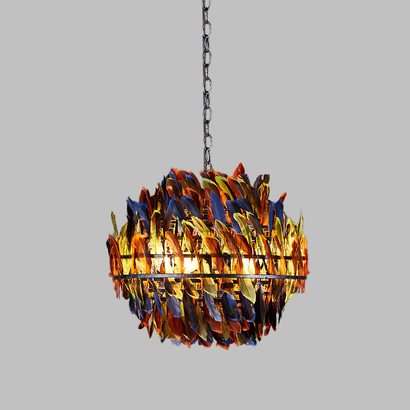 Iron Blue Ceiling Chandelier: Industrial 4-Light Suspension Lamp With Multicolor Feather Deco