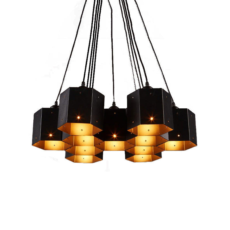 Vintage Hexagonal Chandelier With Black Honeycomb Design - 7/10/11 Down Lights For Restaurants
