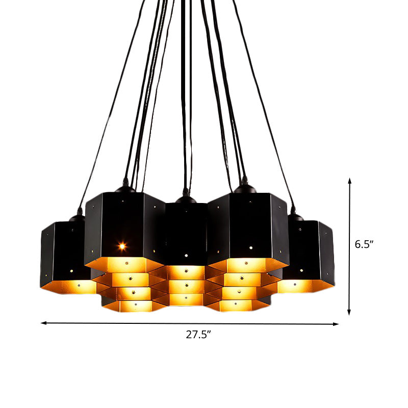 Vintage Hexagonal Chandelier With Black Honeycomb Design - 7/10/11 Down Lights For Restaurants