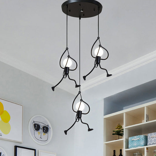 Industrial Hanging Light Fixture With Human Shape Design - 3-Bulb Restaurant Pendant Lamp In Black