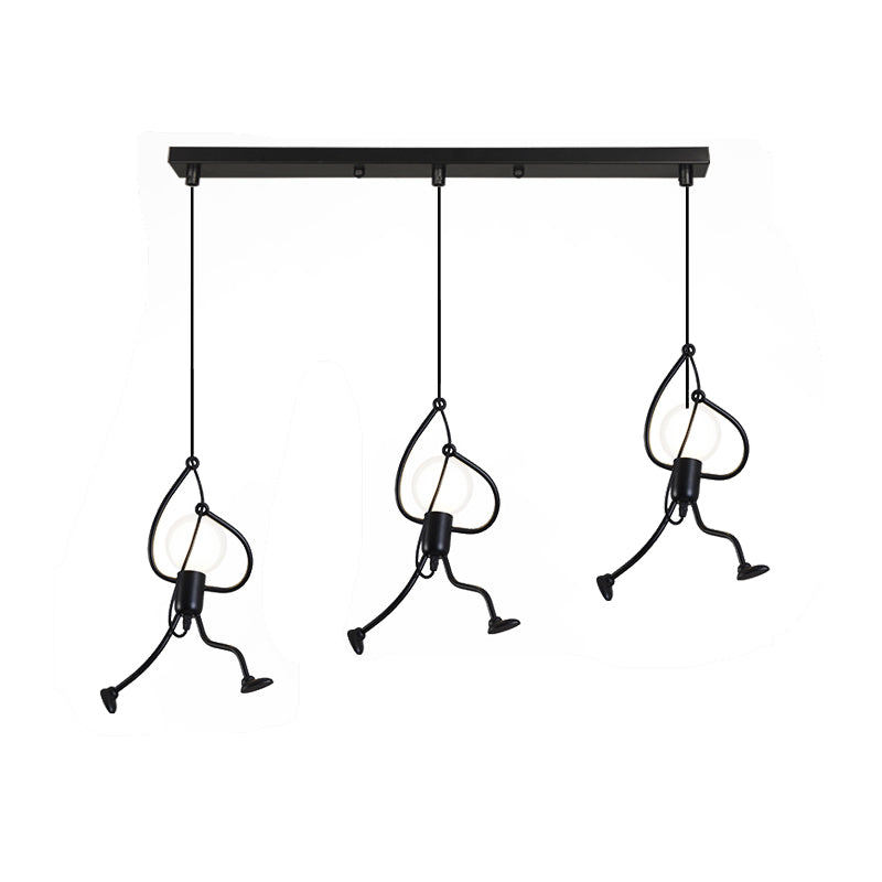 Industrial Hanging Light Fixture - Iron Human Shape With 3-Bulb Cluster In Black Perfect For