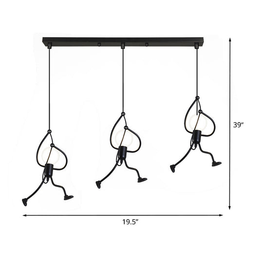 Industrial Hanging Light Fixture With Human Shape Design - 3-Bulb Restaurant Pendant Lamp In Black
