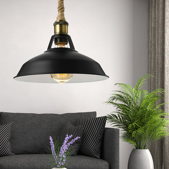 Industrial Metal Pendant Lamp: Barn-Style Shade 1 Light Black/White Ceiling Fixture With Hanging