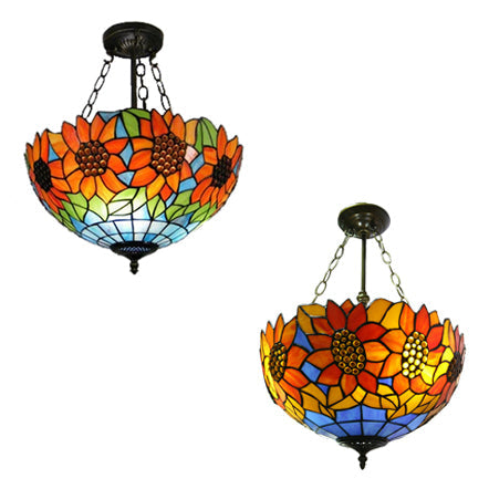 Sunflower Stained Glass Ceiling Light - Rustic Tiffany Style In Orange 12’/16’ Width Semi Flush