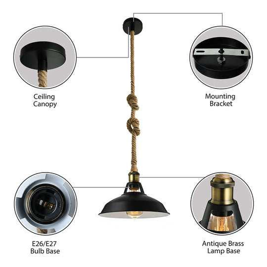 Industrial Metal Pendant Lamp: Barn-Style Shade 1 Light Black/White Ceiling Fixture With Hanging