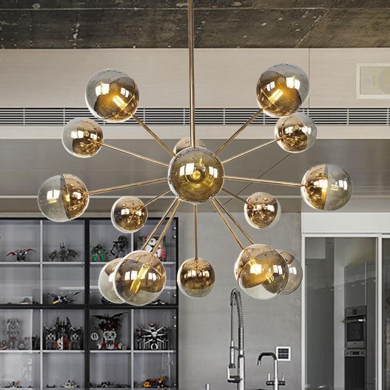 Globe Esszimmer-Halbdeckenleuchte mit weißem/klarem/rauchgrauem Glas – 9/12/15 Lichter – Modernes Design in Kupfer/Chrom/Gold