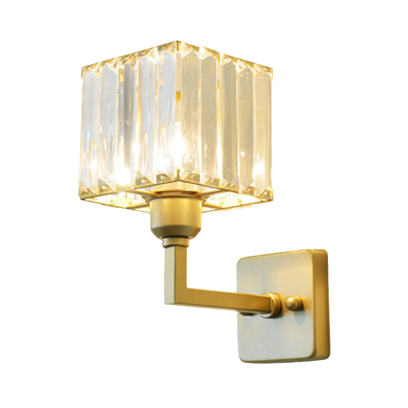 Modern Clear Crystal Block Wall Sconce Light With Gold Finish Ideal For Bedroom Lighting