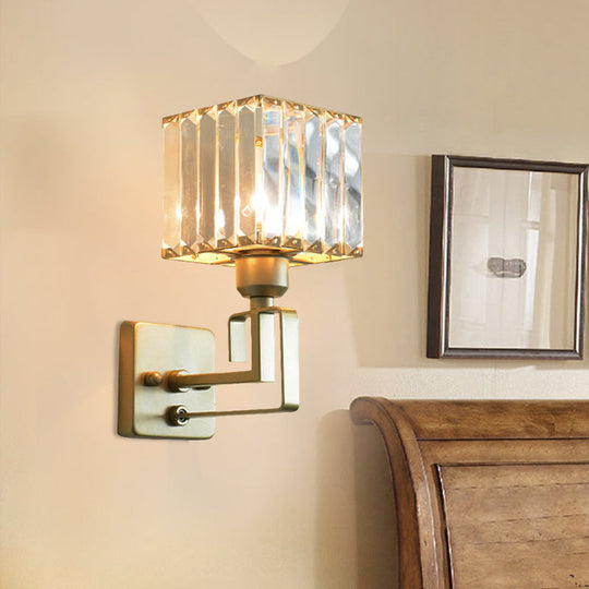 Modern Clear Crystal Block Wall Sconce Light With Gold Finish Ideal For Bedroom Lighting / C
