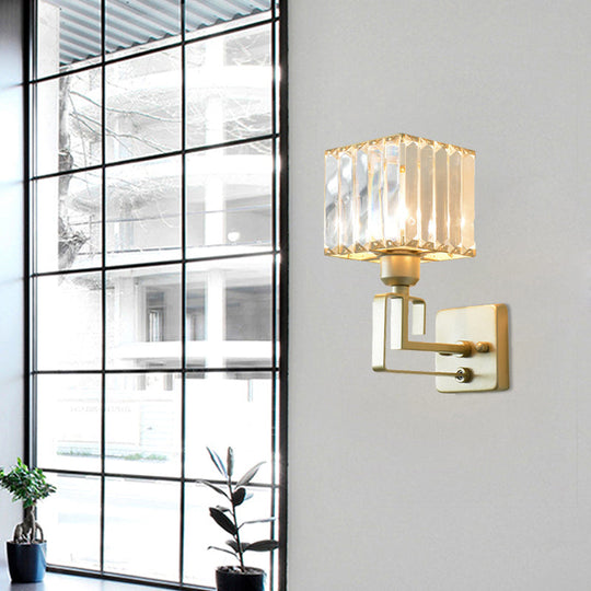 Modern Clear Crystal Block Wall Sconce Light With Gold Finish Ideal For Bedroom Lighting