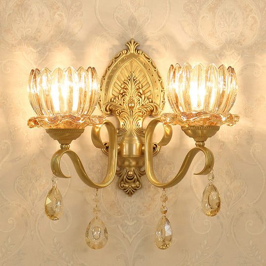 Petal Wall Mount Amber Glass Bedroom Lighting With Crystal Deco - Modern Design In Brass 2 /