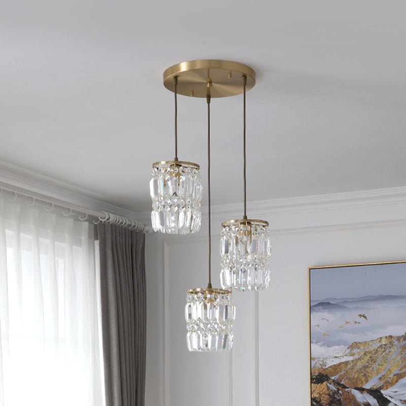 Modern Prismatic Crystal Hanging Light With 2 Layers 3 Lights Gold Pendant Design - Linear/Round