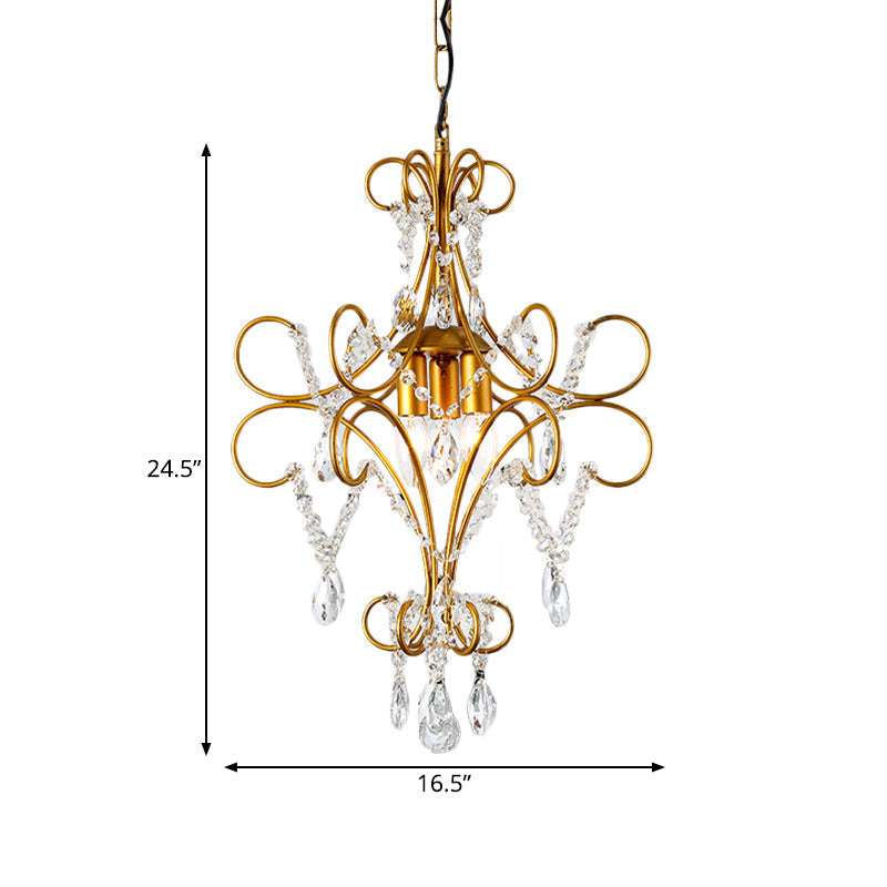 Modern Gold Bent Arm Chandelier Light With Glass Strand - 3-Light Iron Hanging Ceiling Fixture
