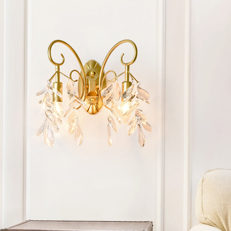 Contemporary Teardrop Crystal Wall Mount Light With 2 Brass Sconce Lights For Bedroom