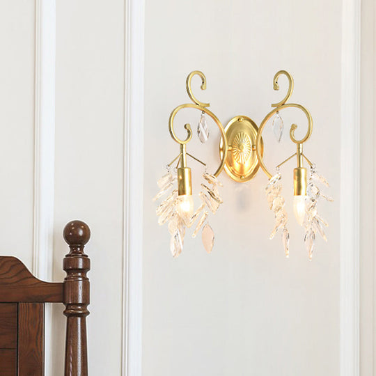 Postmodern Gold Curve Arm Sconce Light Fixture With Crystal Drip - 2 Wall-Mount