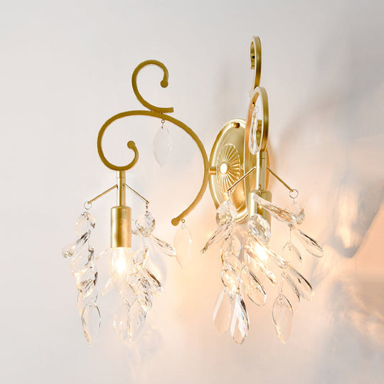 Postmodern Gold Curve Arm Sconce Light Fixture With Crystal Drip - 2 Wall-Mount