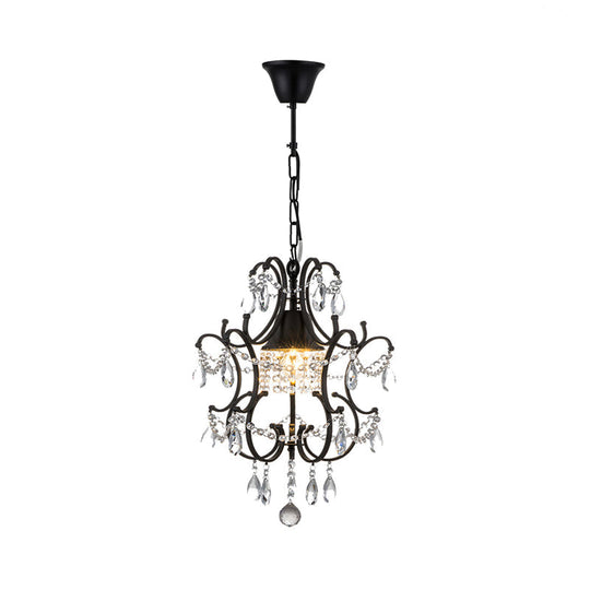 Vintage Iron Lantern Pendant Light With Crystal Accent - 1-Light Black Ceiling Fixture