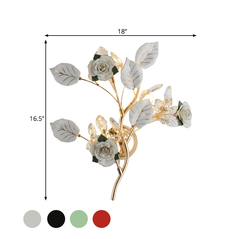Ceramic And Crystal Branch Wall Lamp With 3 Bulbs Rose/Leaf Design In Black/White For Bedroom Sconce