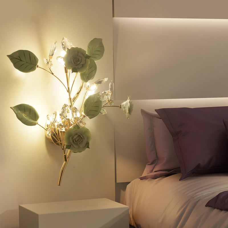 Ceramic And Crystal Branch Wall Lamp With 3 Bulbs Rose/Leaf Design In Black/White For Bedroom Sconce