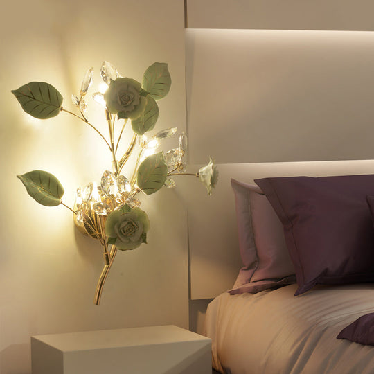 Ceramic And Crystal Branch Wall Lamp With 3 Bulbs Rose/Leaf Design In Black/White For Bedroom Sconce